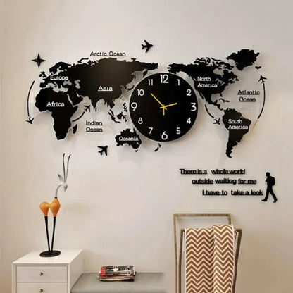 New World Map 3D Wooden Wall Clock - DIY Quartz Watch for Home & Office Decor