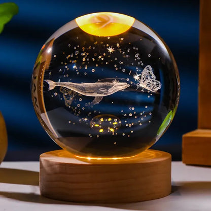 Luminous Crystal Ball Night Lamp – 3D Carving with Wooden Base, USB Powered