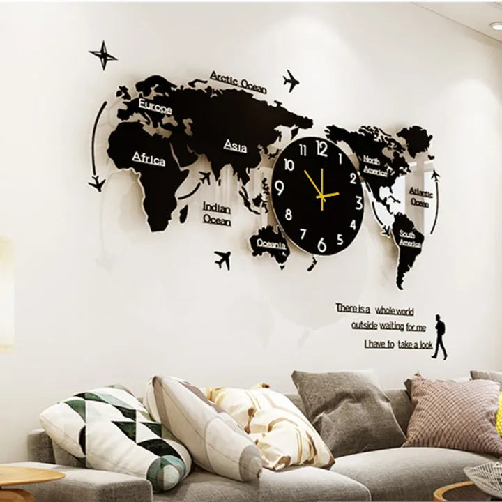 New World Map 3D Wooden Wall Clock - DIY Quartz Watch for Home & Office Decor